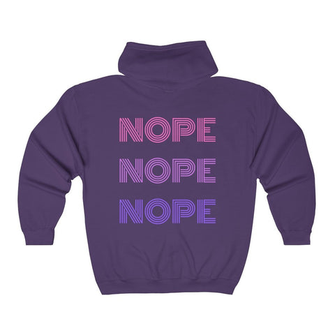 purple hoodie and on the back in retro font it reads NOPE NOPE NOPE